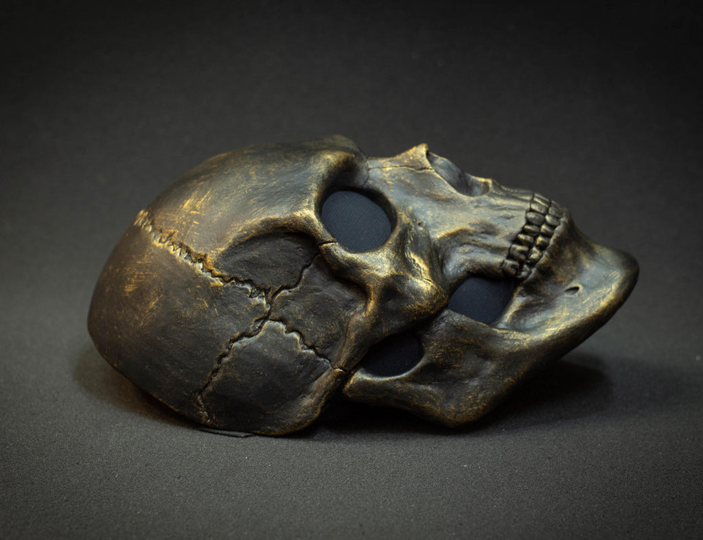 Black skull mask with gold scuffs for cosplay or gift