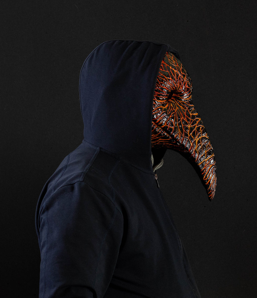 Plague Doctor mask for Helloween party and carnival or masquerade. Bird mask magma shape.