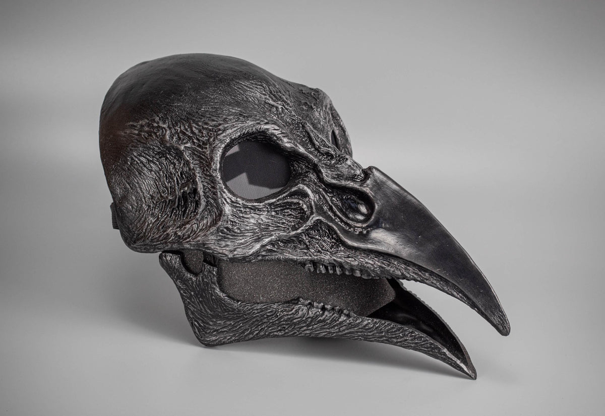 Plague Doctor mask Bird skull with a movable jaw and silver scratches.