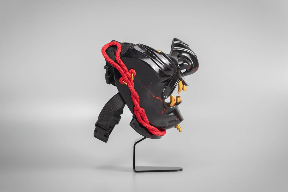 Ghost of Tsushima mask dark shape whith blood splash and red rope