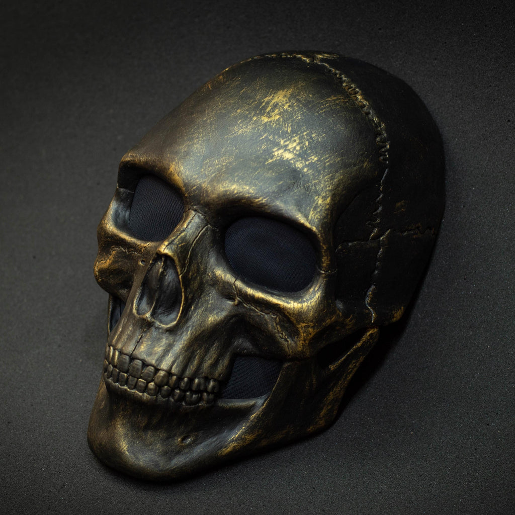 Black skull mask with gold scuffs for cosplay or gift