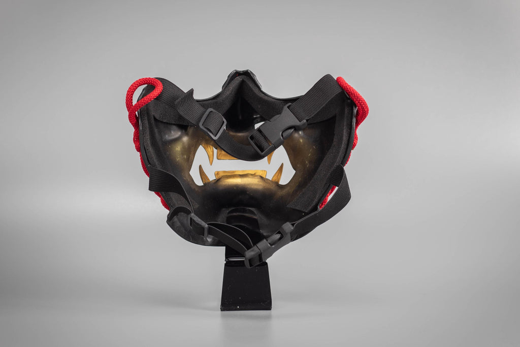 Ghost of Tsushima mask dark shape whith blood splash and red rope