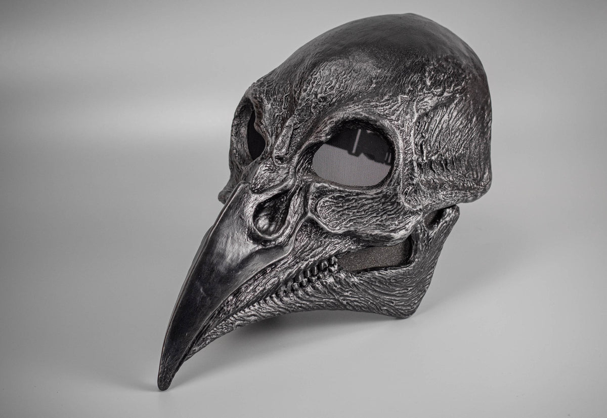 Plague Doctor mask Bird skull with a movable jaw and silver scratches.