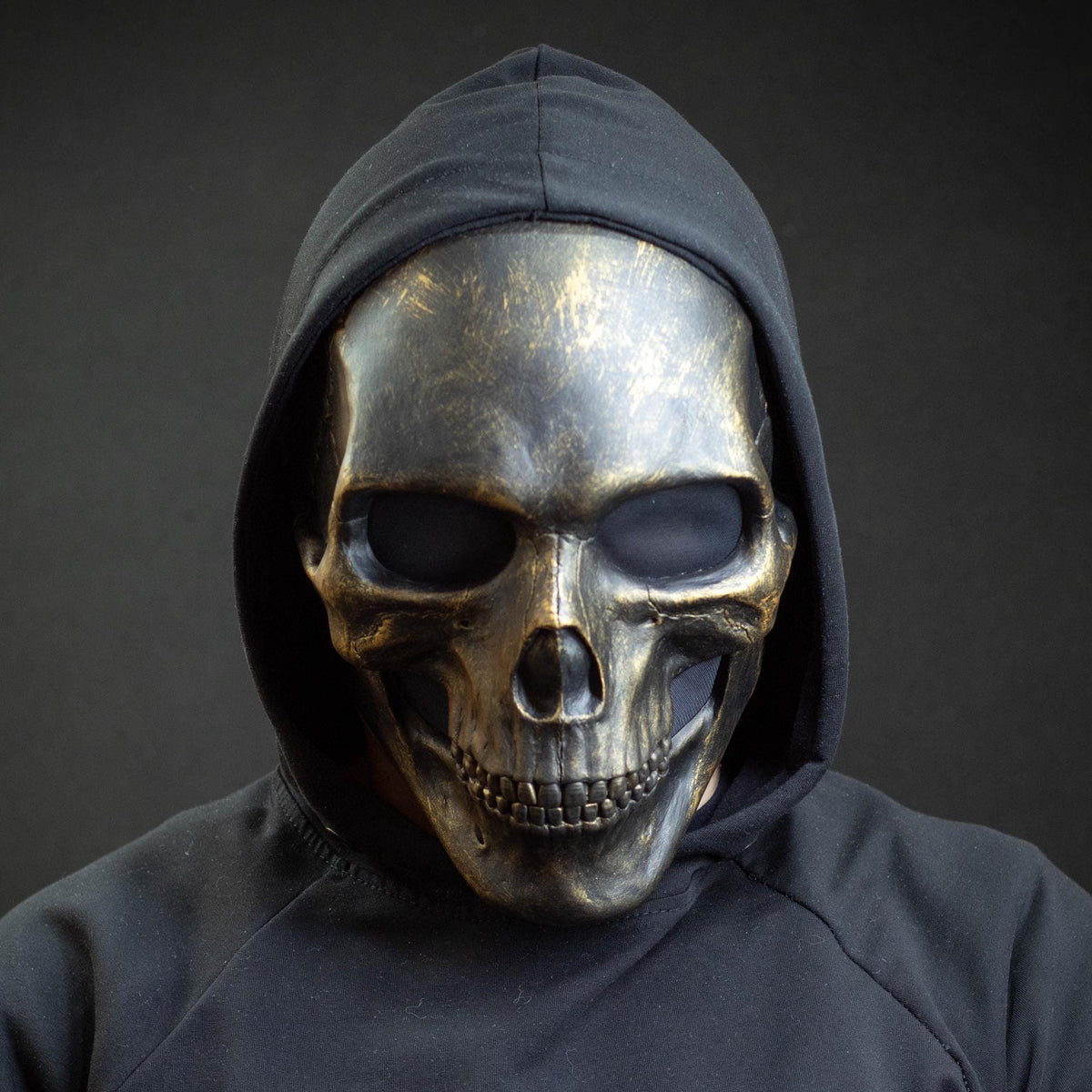 Black skull mask with gold scuffs for cosplay or gift