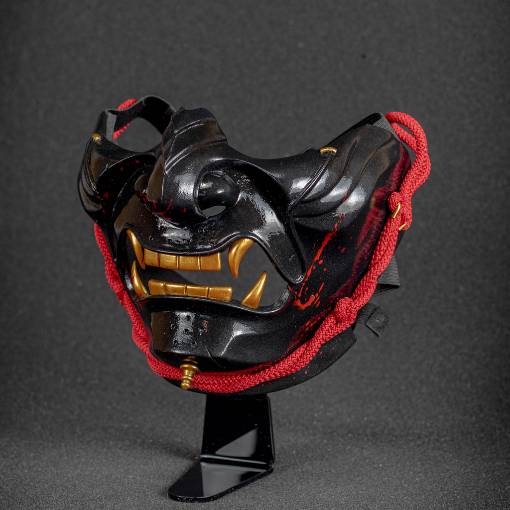 Ghost of Tsushima mask dark shape whith blood splash and red rope