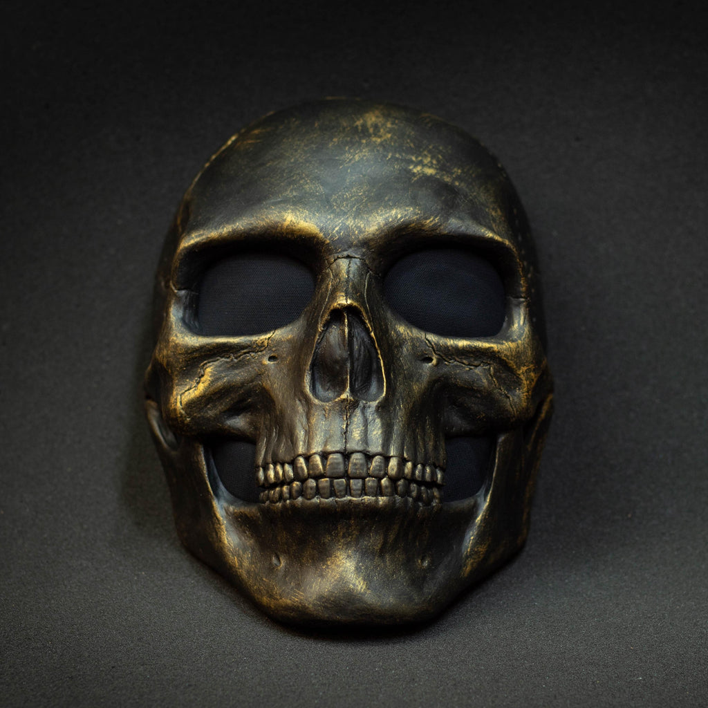 Black skull mask with gold scuffs for cosplay or gift