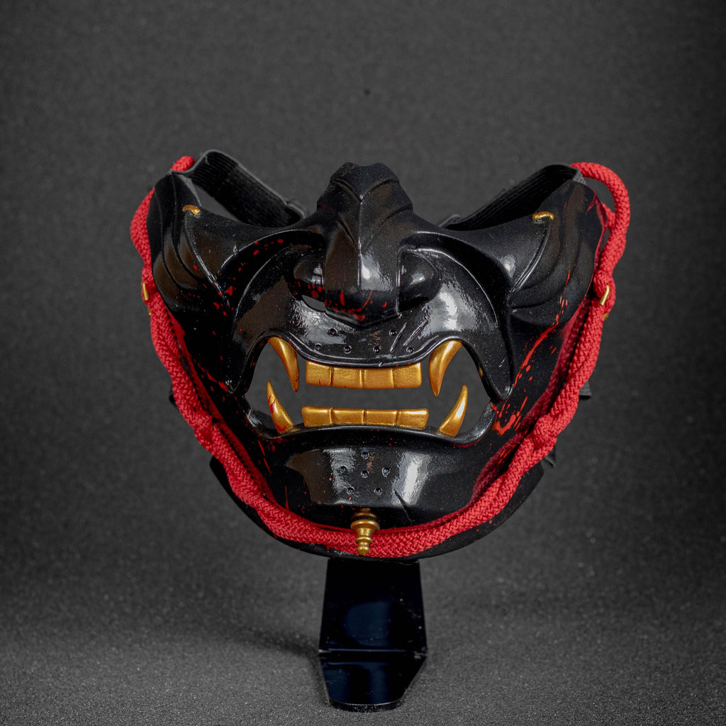 Ghost of Tsushima mask dark shape whith blood splash and red rope